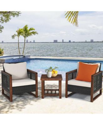 3 Pieces Patio Wicker Furniture Set with Washable Cushion and Acacia Wood Coffee Table
