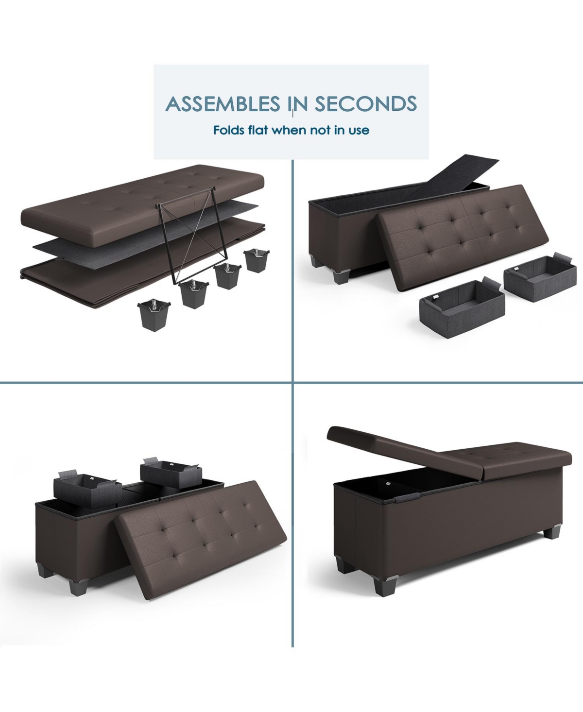 Nestl 43 Inch Ottoman Storage Bench with Storage Bins - Leatherette or Linen Finish