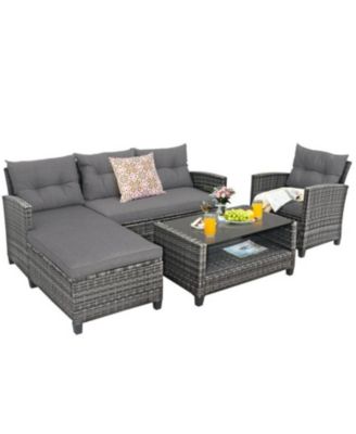4 Pieces Patio Rattan Furniture Set with Cushion and Table Shelf