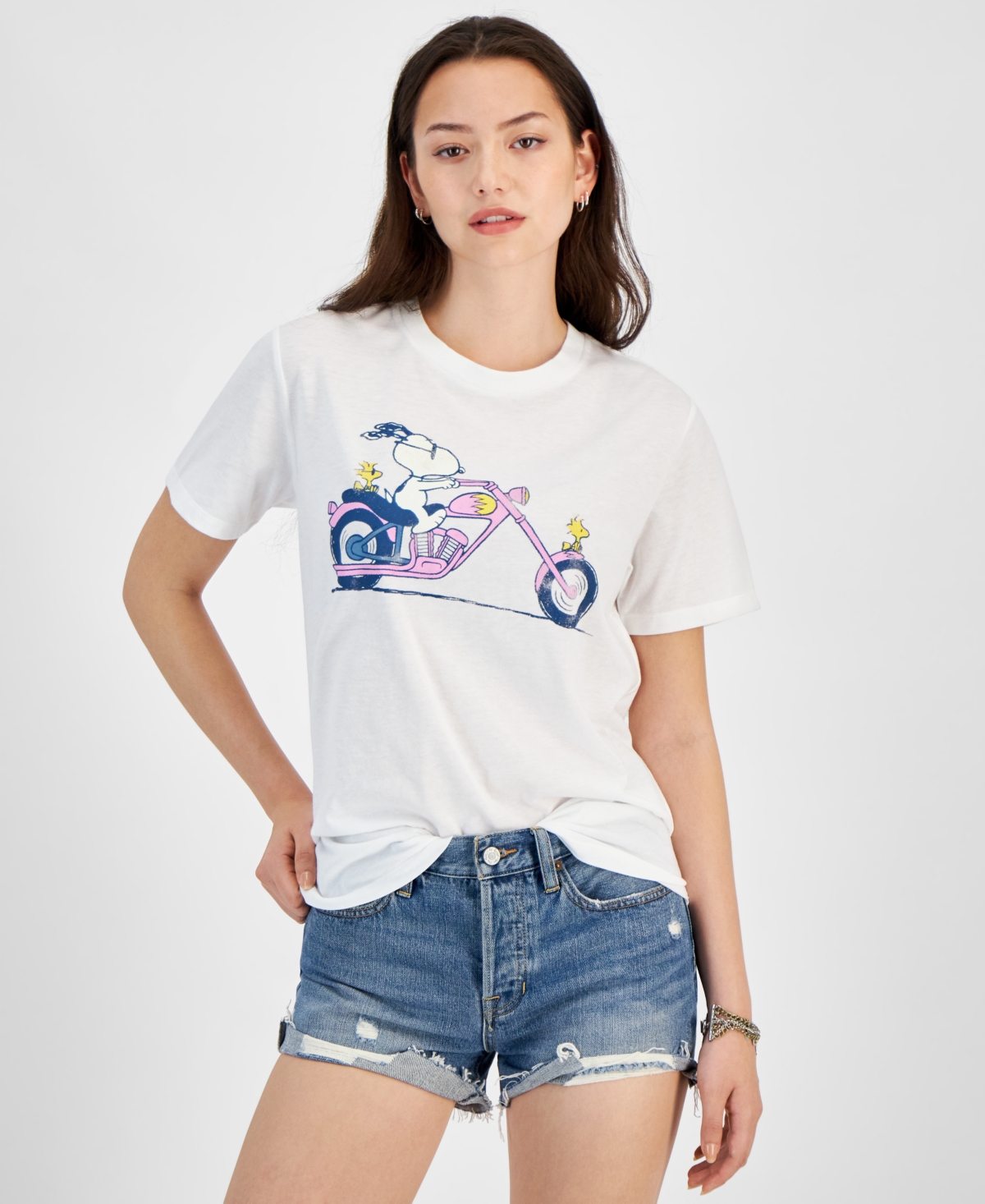 Juniors' Snoopy Moto Graphic T-Shirt - White