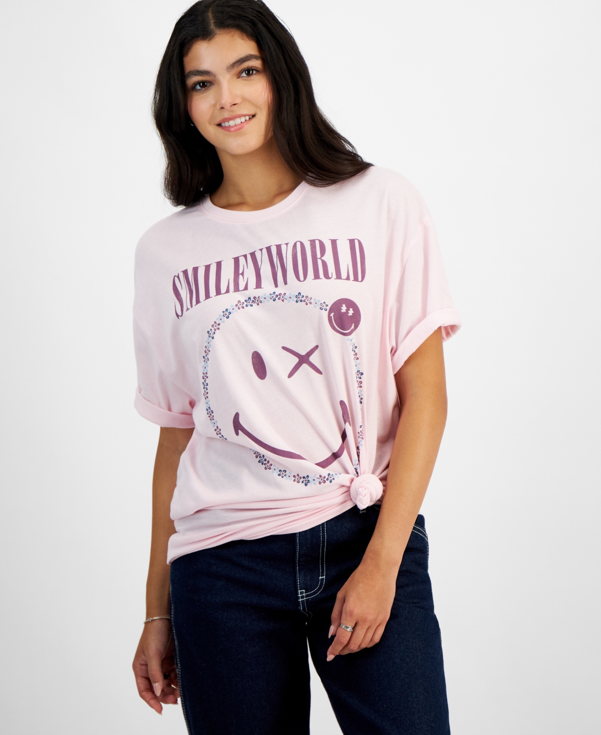 Juniors' Smiley World Graphic T-Shirt - Pink