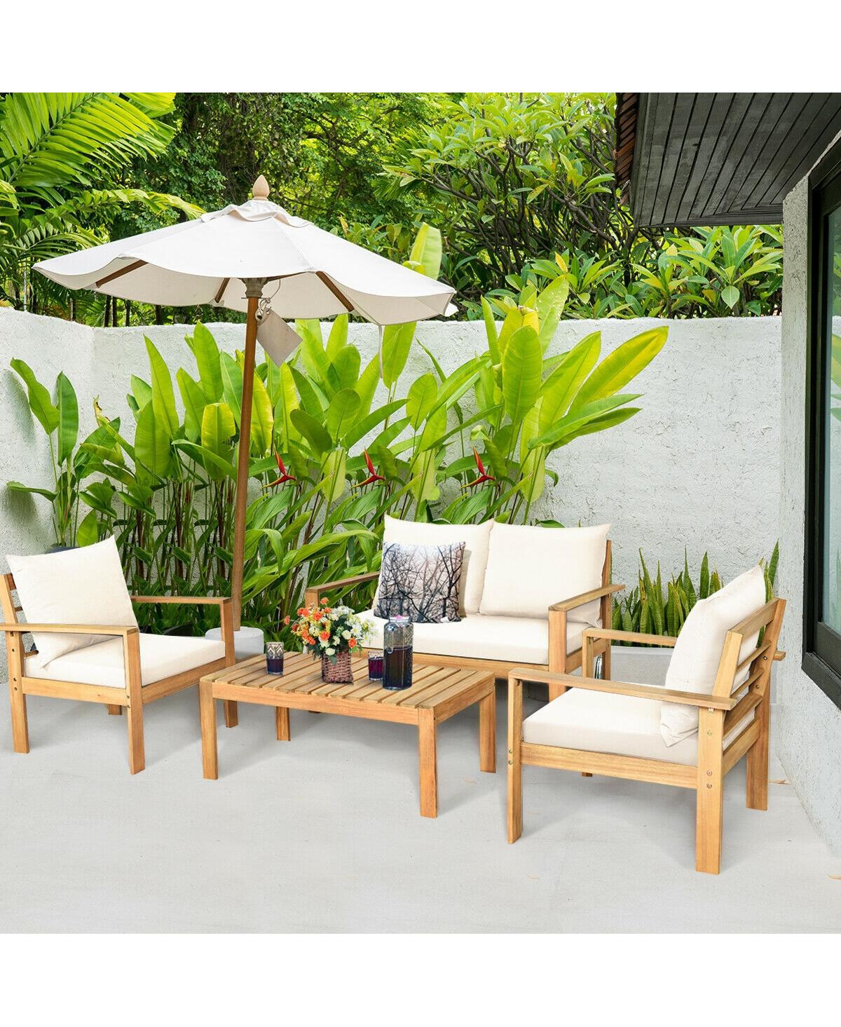 Slickblue Outdoor 4 Pieces Acacia Wood Chat Set with Water Resistant Cushions