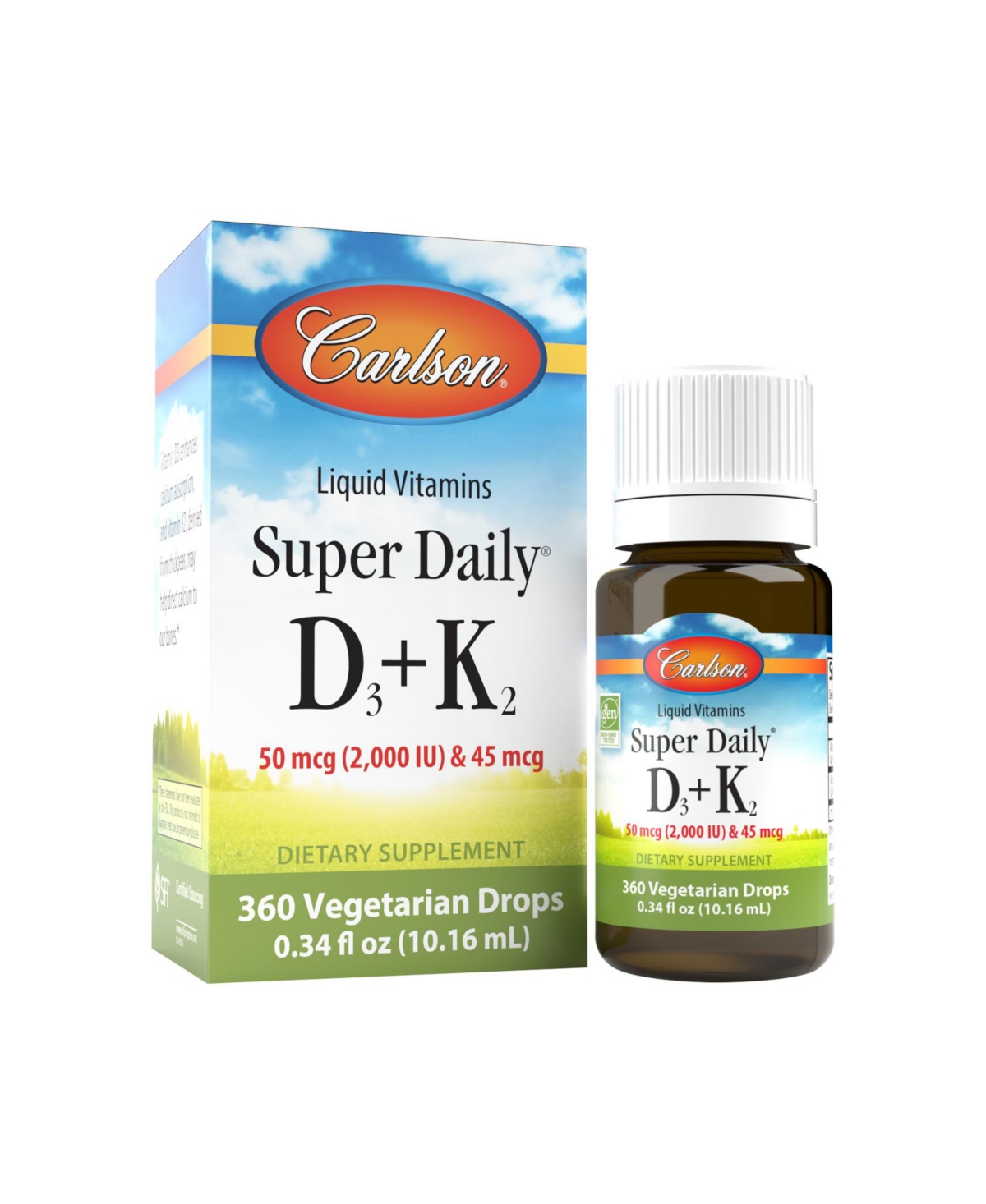 Carlson - Super Daily D3+K2, 50 mcg (2000 Iu) & 45 mcg, Liquid Vitamins D & K, Vegetarian, Unflavored, 360 Drops