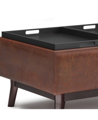 Owen Tray Top Small Coffee Table Storage Ottoman in Distressed Saddle Brown Pu Leather