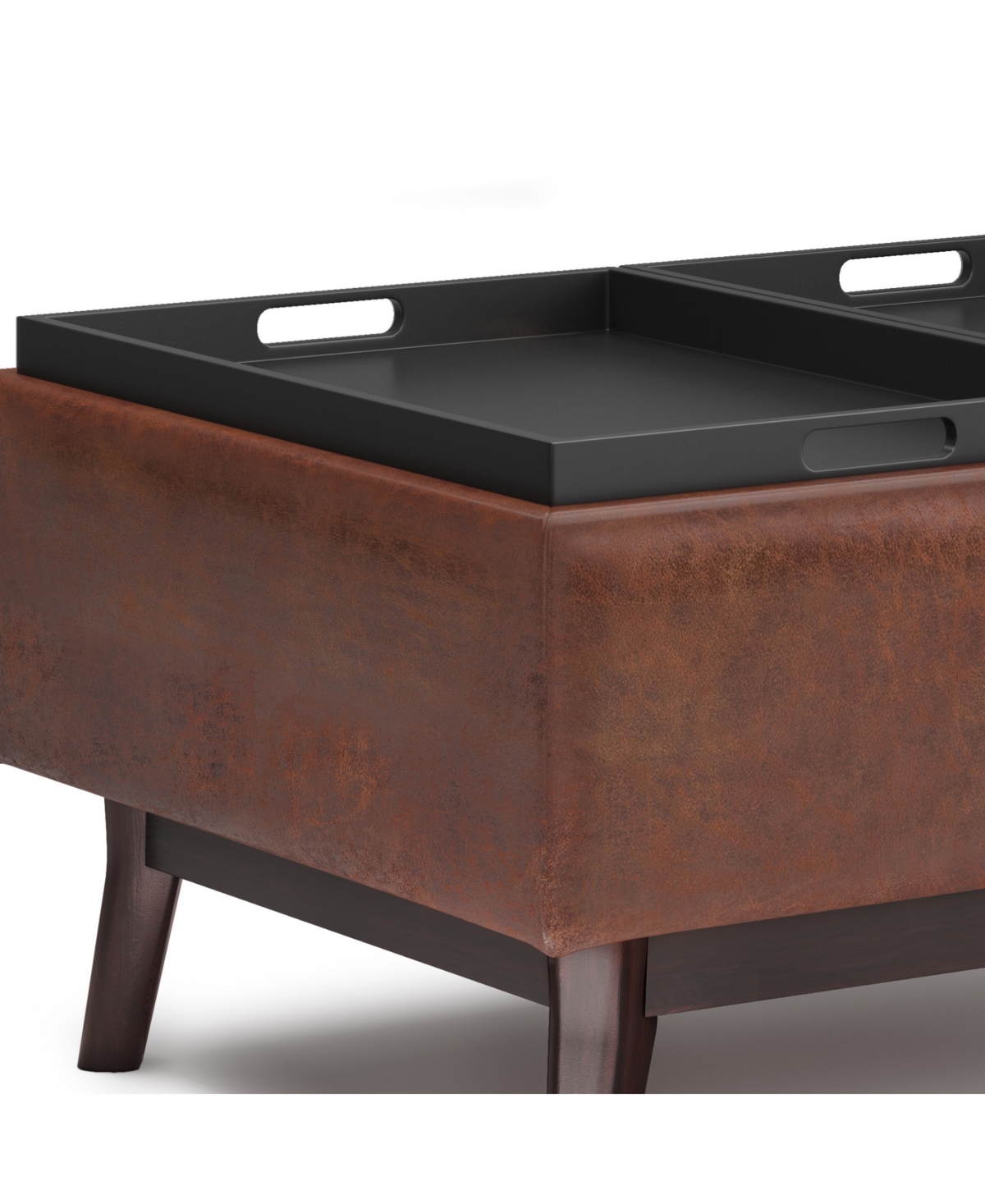 Simpli Home Owen Tray Top Small Coffee Table Storage Ottoman In Distressed Saddle Brown Pu Leather In Distressed Saddle Brown