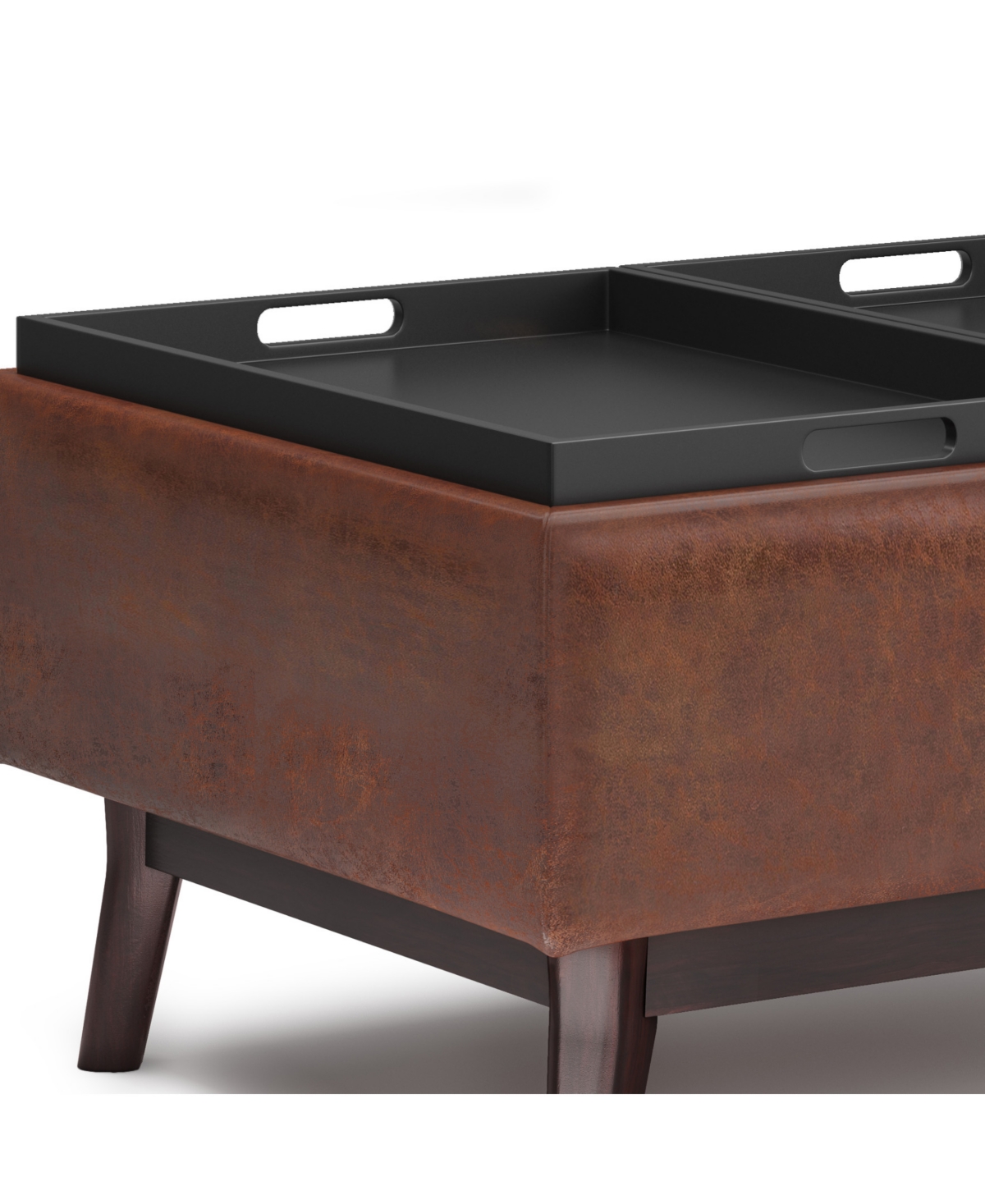 Shop Simpli Home Owen Tray Top Small Coffee Table Storage Ottoman In Distressed Saddle Brown Pu Leather