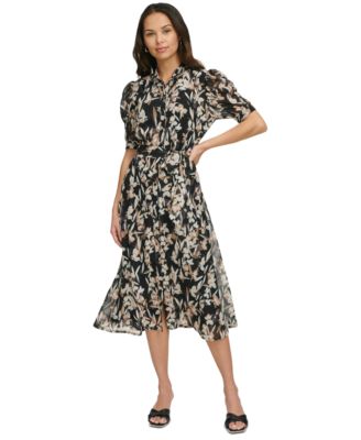 DKNY - Women's Printed Puff-Sleeve Button-Front Dress
