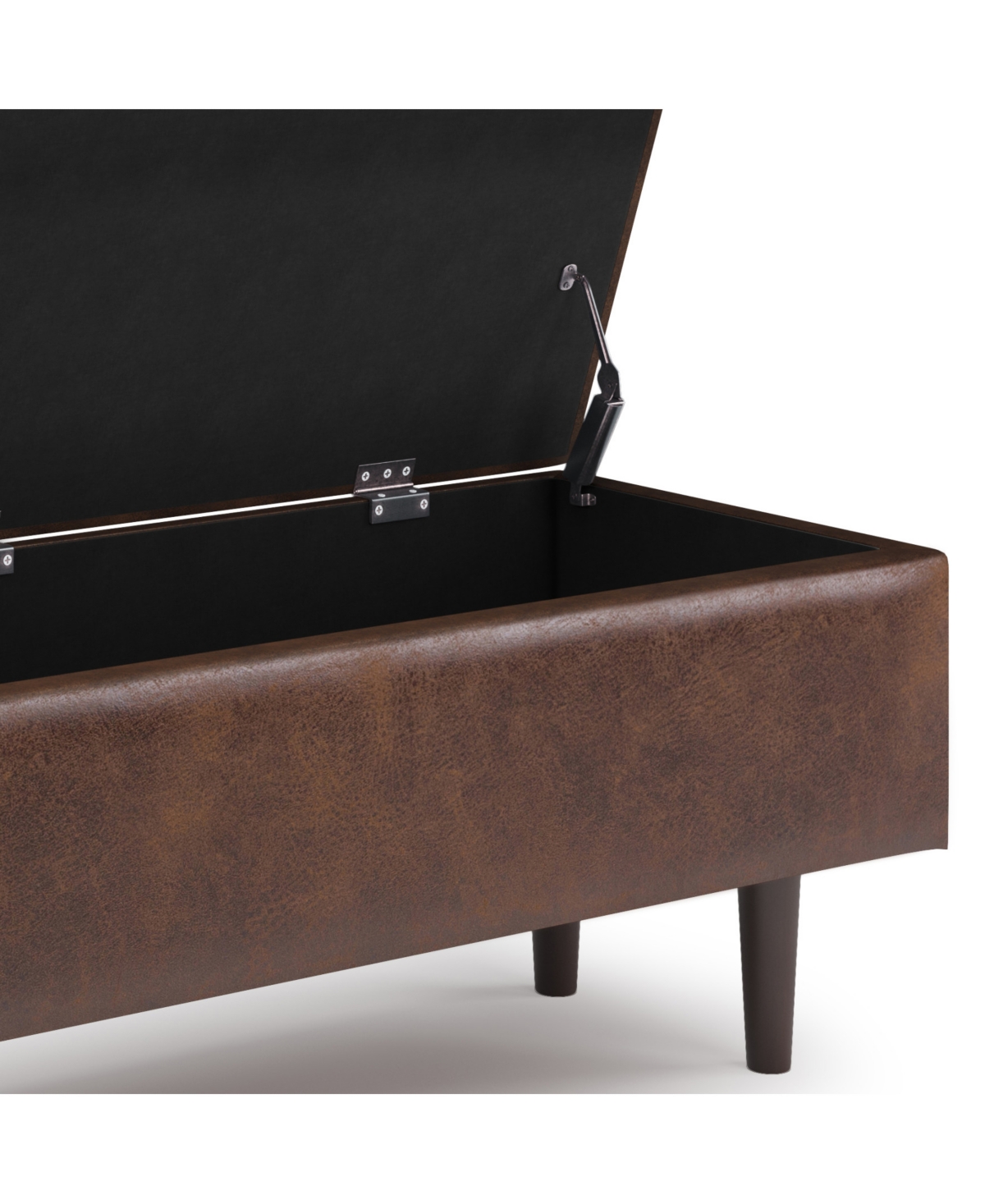Simpli Home Shay Mid Century Rectangular Storage Ottoman In Distressed Chestnut Brown Pu Leather In Distressed Chestnut Brown