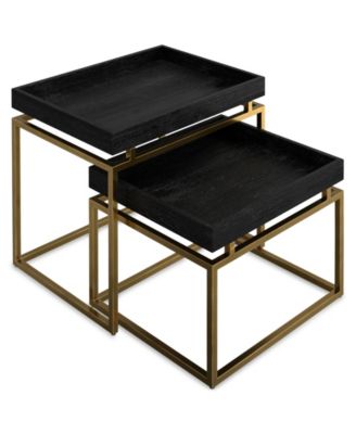 Macy Solid Mango Wood 2 Pc Nesting Table in Black, Gold