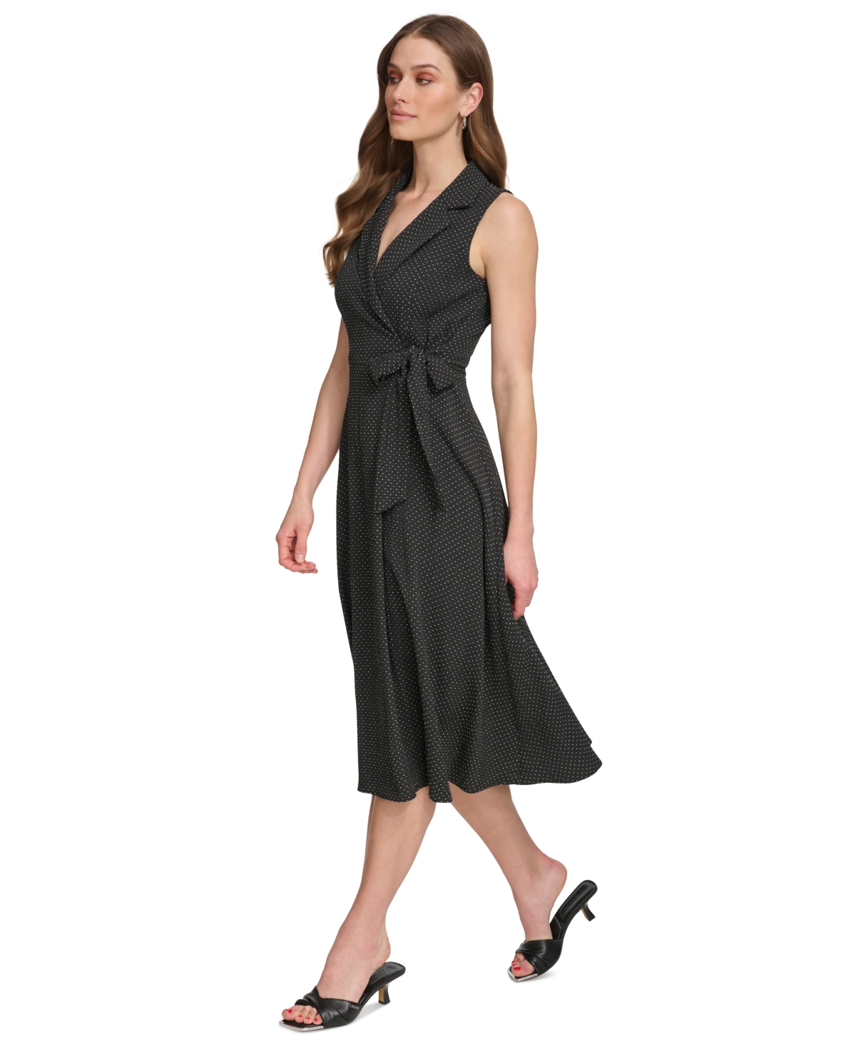 Shop Dkny Women's Printed Tie-waist Sleeveless A-line Dress In Black,cream