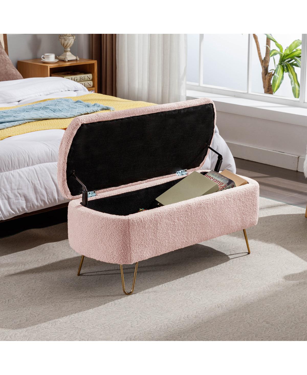 Simplie Fun Pink Storage Ottoman Bench For End Of Bed Gold Legs, Modern Faux Fur Entryway Bench