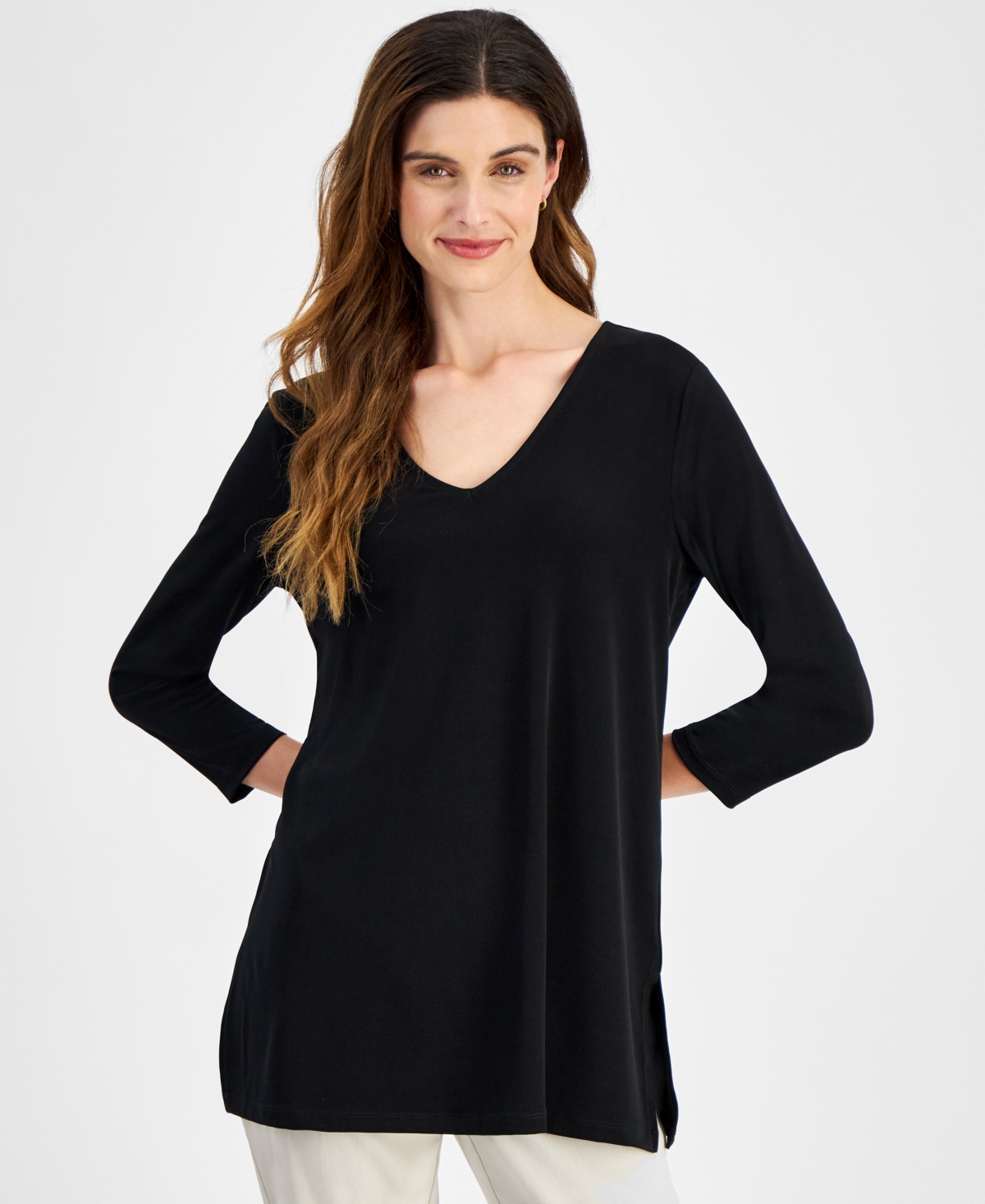 Women's 3/4-Sleeve Swing V-Neck Top, Created for Macy's - Deep Black Combo