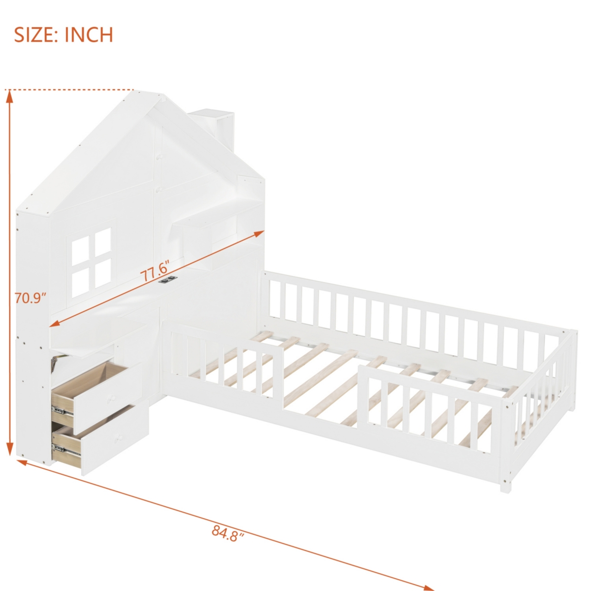 Twin House Bed: Window, Drawers, Shelves, Usb
