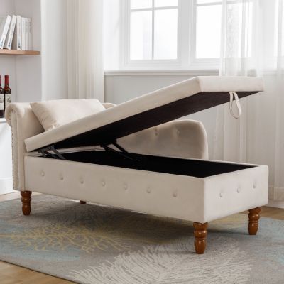 Velvet Chaise Lounge with Storage & Pillow