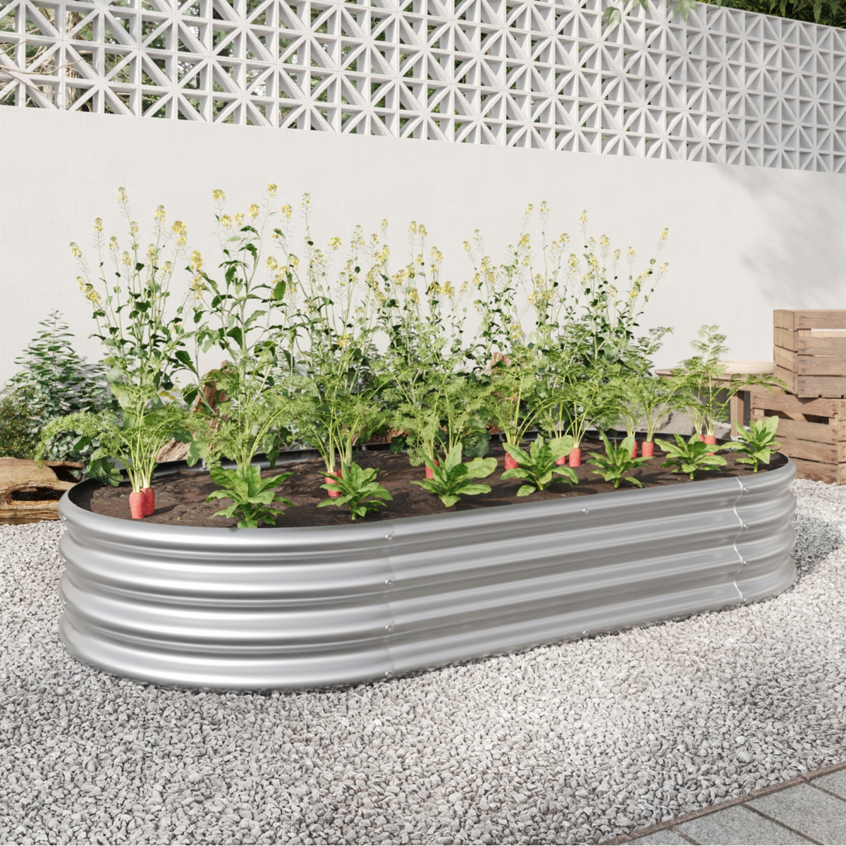 Raised Garden Bed Outdoor, Oval Large Metal Raised Planter Bed for Plants, Vegetables, and Flowers - Silver