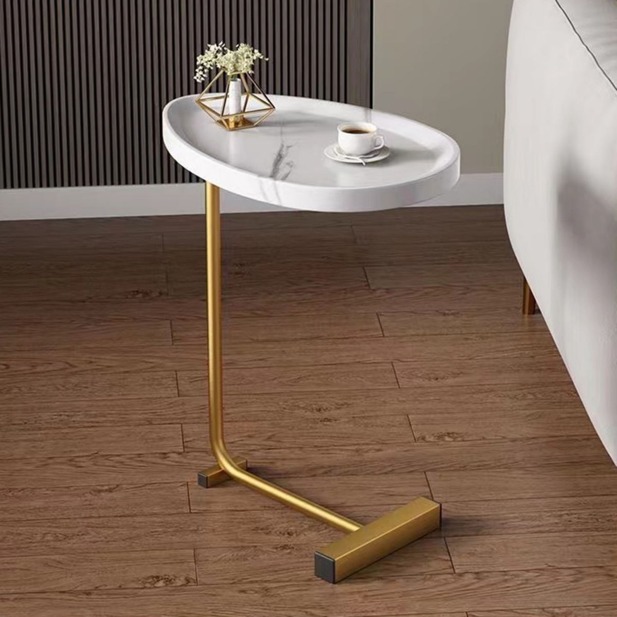 White C-Shaped Side Table, Small Sofa Table For Cough, Bedroom