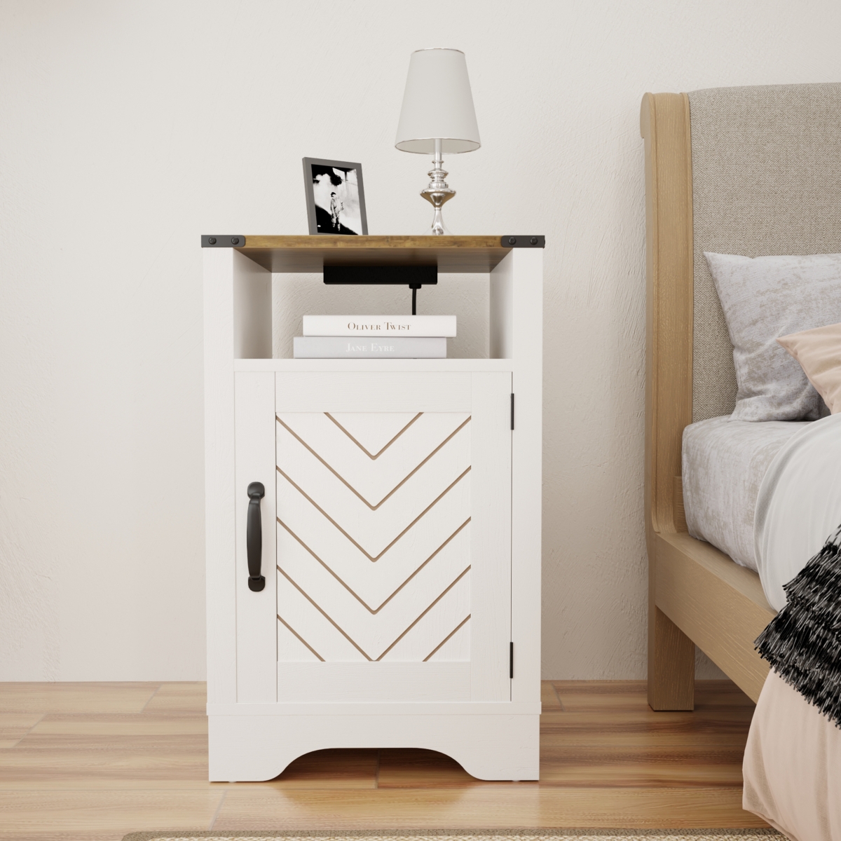 Streamdale Furniture Rustic Farmhouse Nightstand with Charging Station - White & Oak
