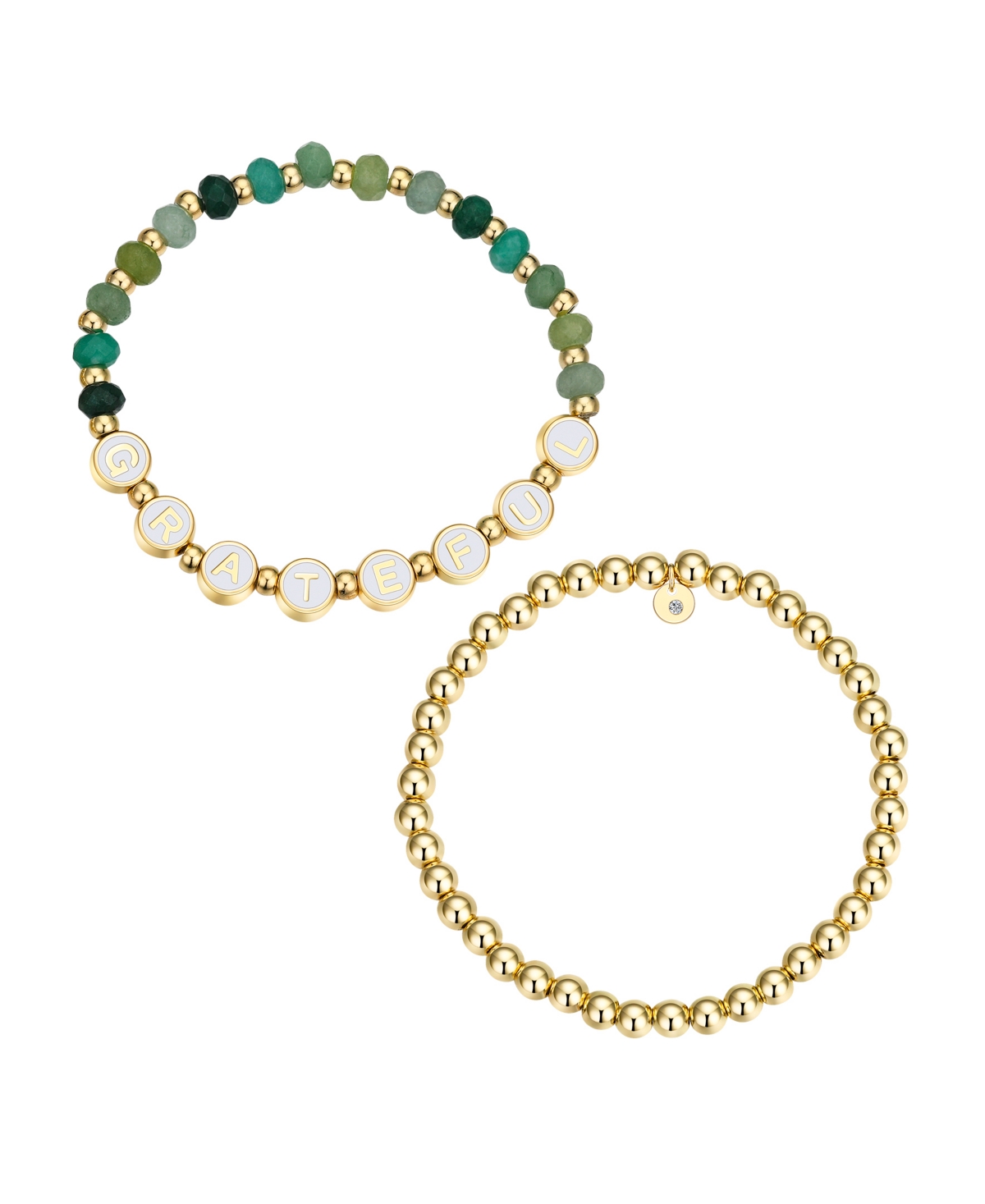 Multi Green Quartz Grateful Stone and Beaded Stretch Bracelet Set - Gold