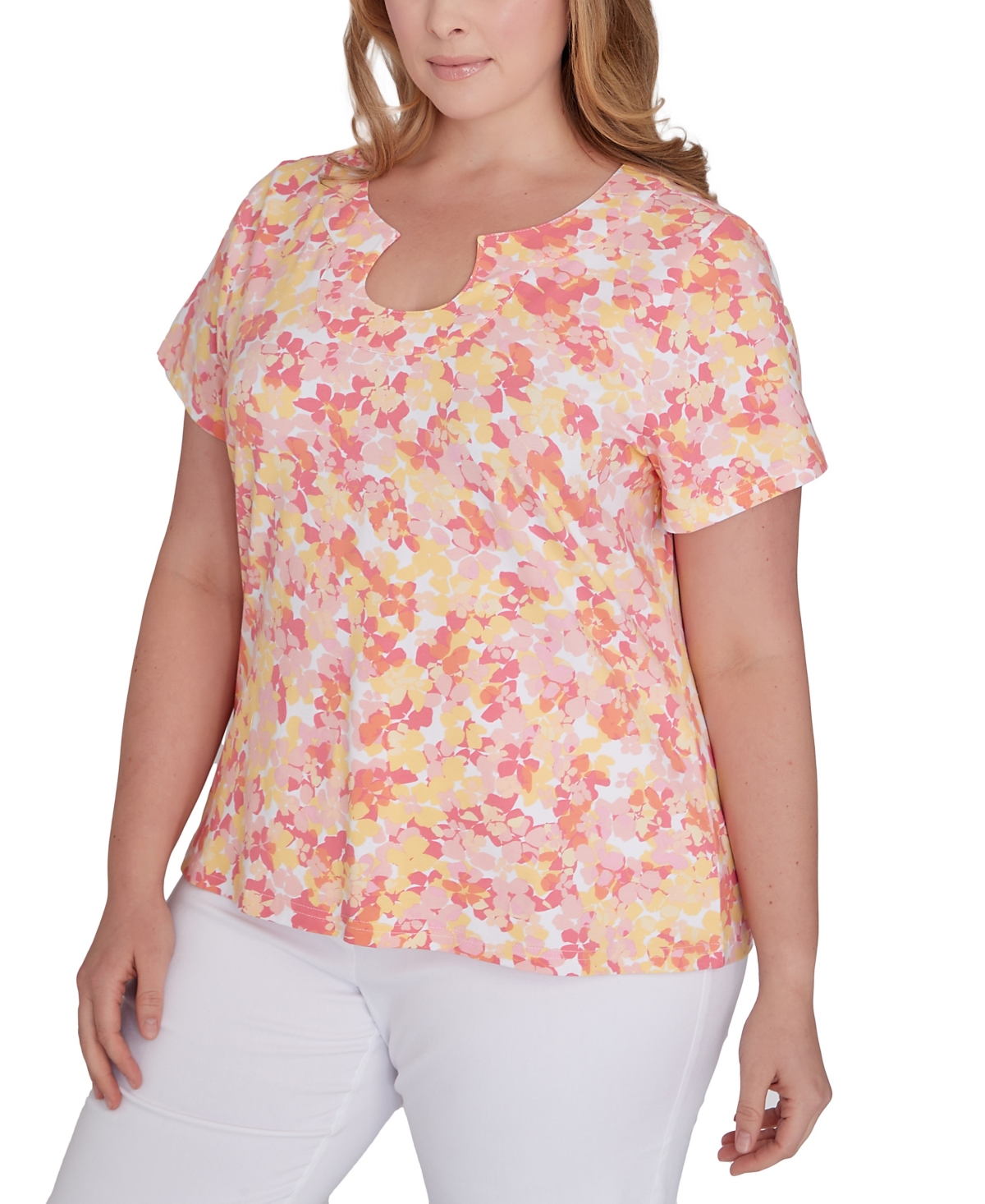 Shop Hearts Of Palm Plus Size Printed Essentials Short Sleeve Top In Coral Multi