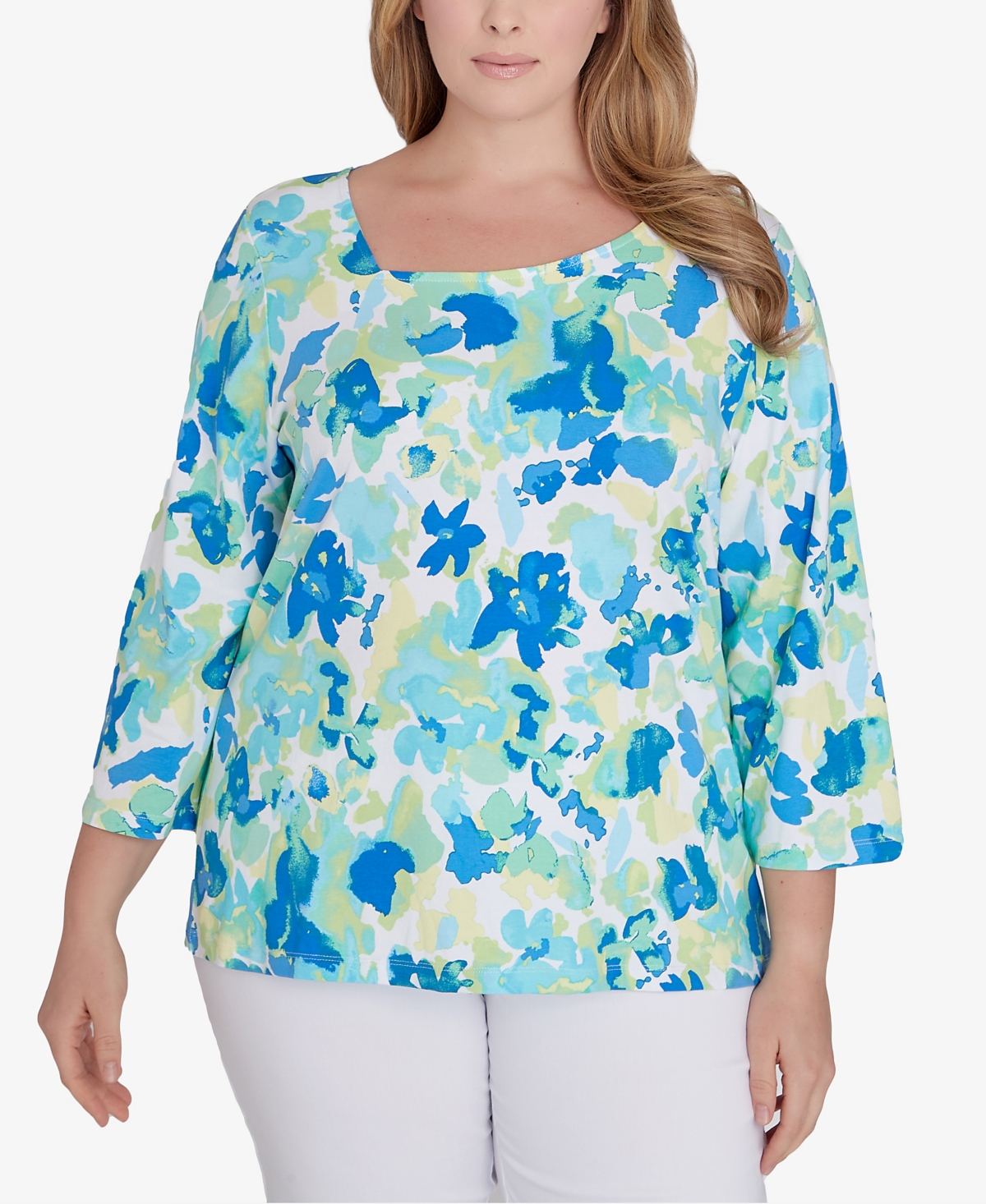 Plus Size Feeling The Lime 3/4 Sleeve Top - Bright Blue Multi