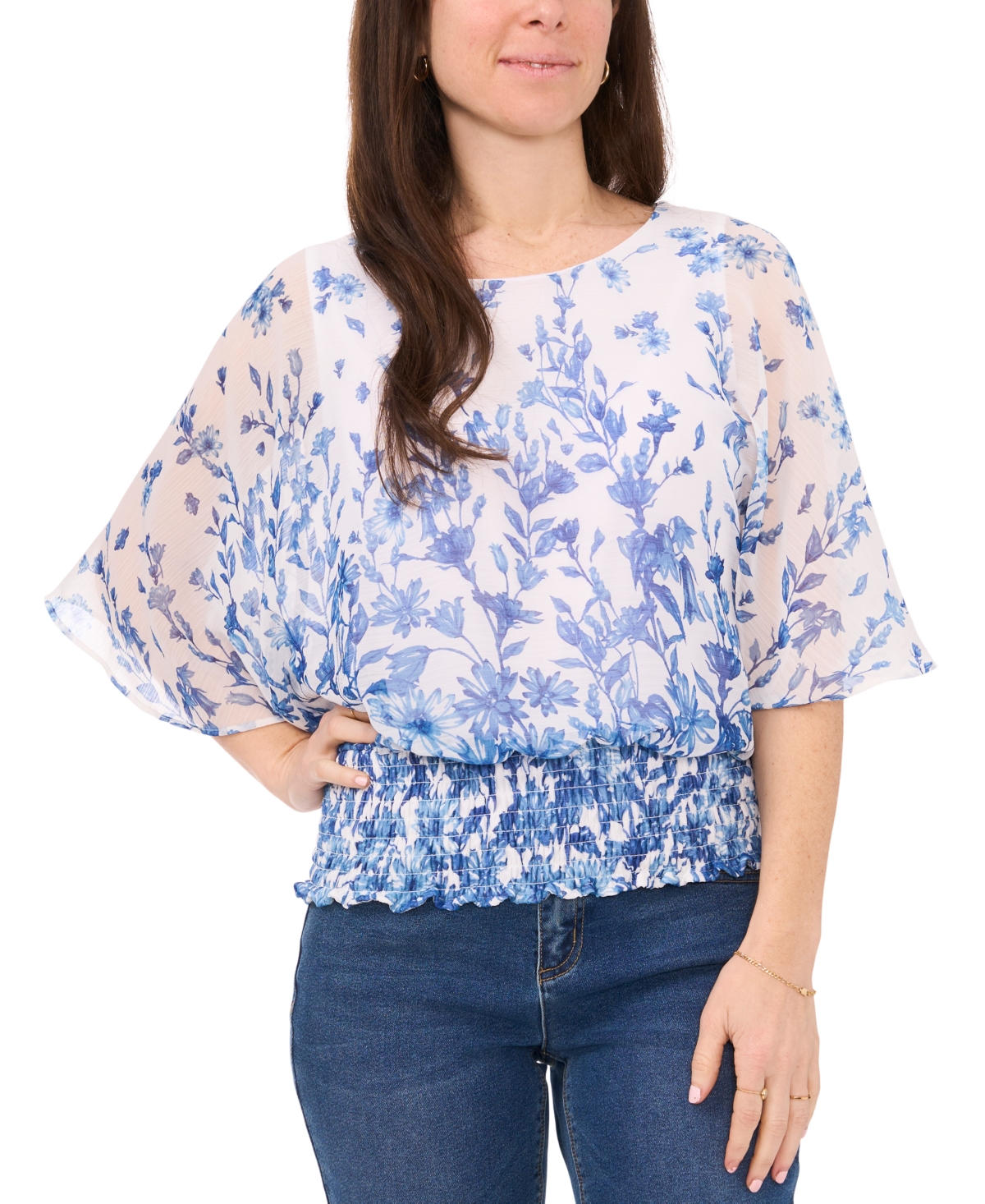 Shop Sam & Jess Petite Printed Round-neck Smocked-waist Top In Lucent White