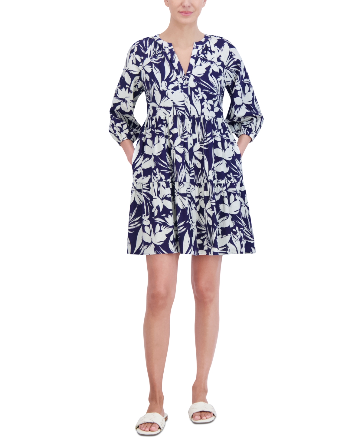 Petite Printed Button-Front A-Line Dress - Navy/White
