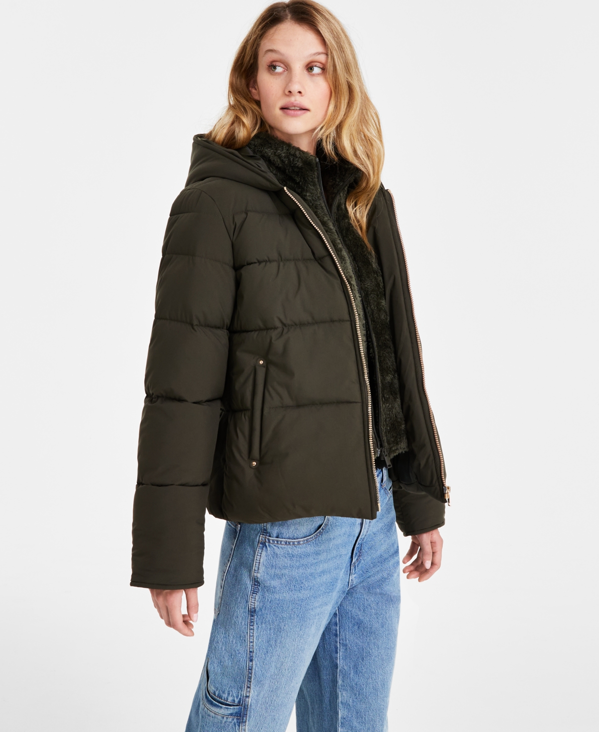 Maralyn & Me Juniors' Faux-Fur-Bibbed Hooded Puffer