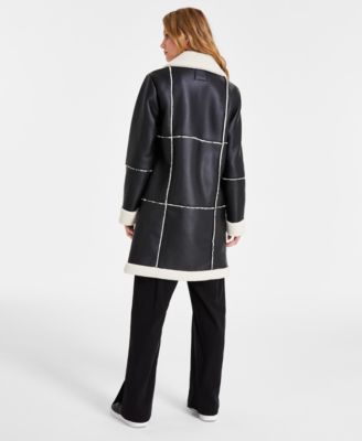 Juniors' Long Faux-Shearling-Trimmed Coat