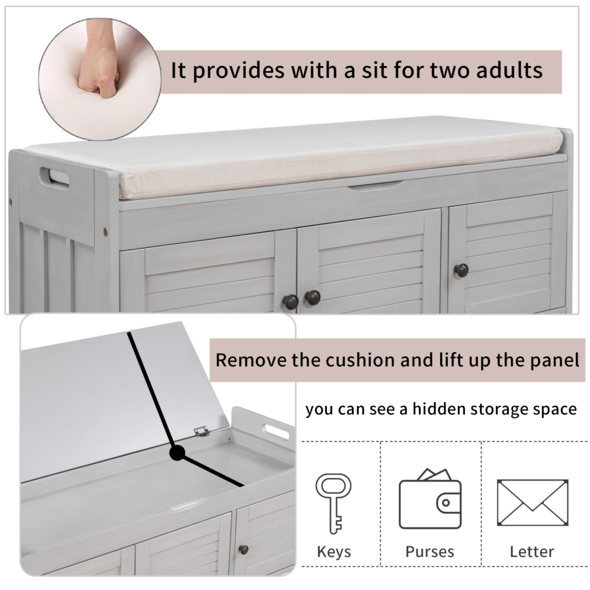 Simplie Fun Storage Bench With 3 Shutter-Shaped Doors With Removable Cushion And Storage Space