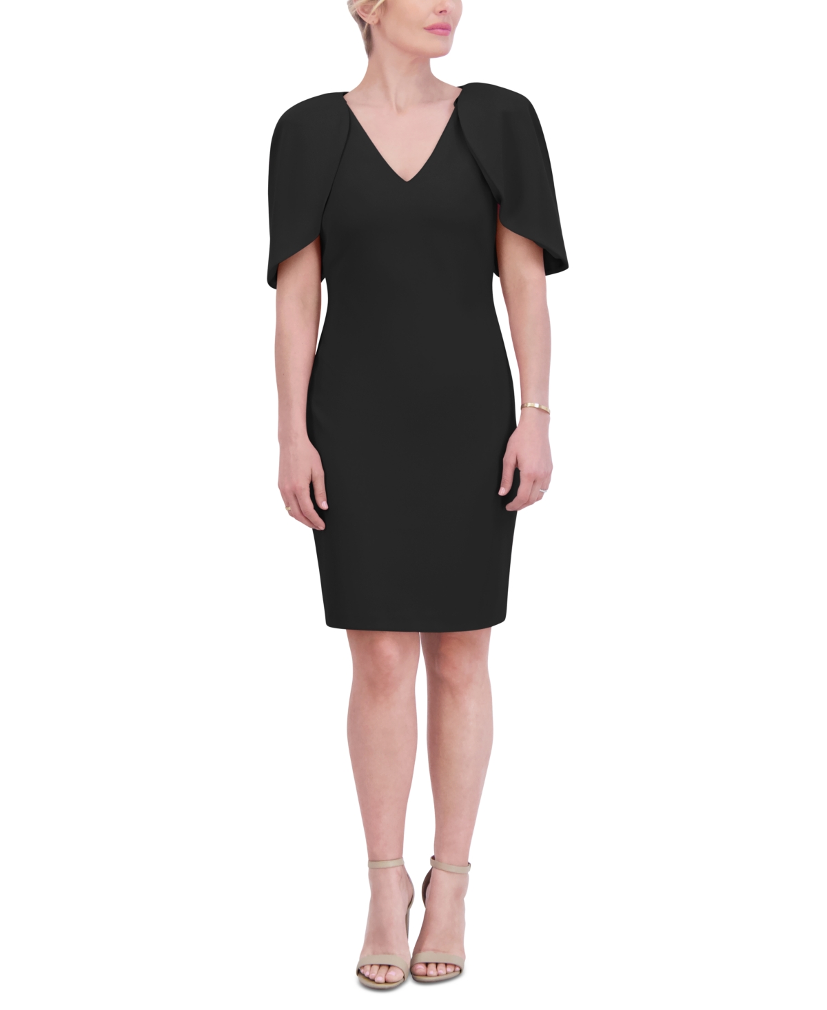 Shop Jessica Howard Petite Draped-sleeve V-neck Sheath Dress In Black