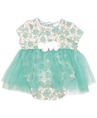 Baby Girls 2 Piece Aqua Floral Romper with Tulle Over Skirt and Matching Headband