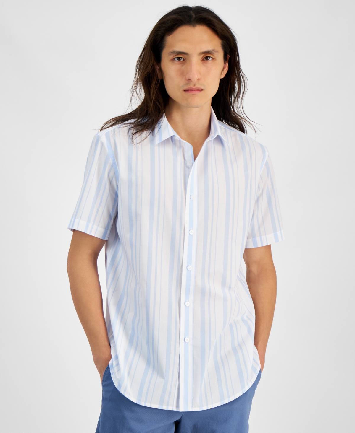Shop Club Room Men's Short Sleeve Printed Shirt, Created For Macy's In Pale Ink Blue Stripe