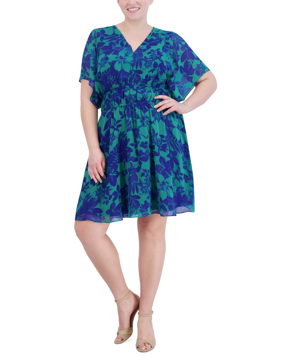Shop Jessica Howard Plus Size Floral-print Smocked-waist Dress In Blue,green