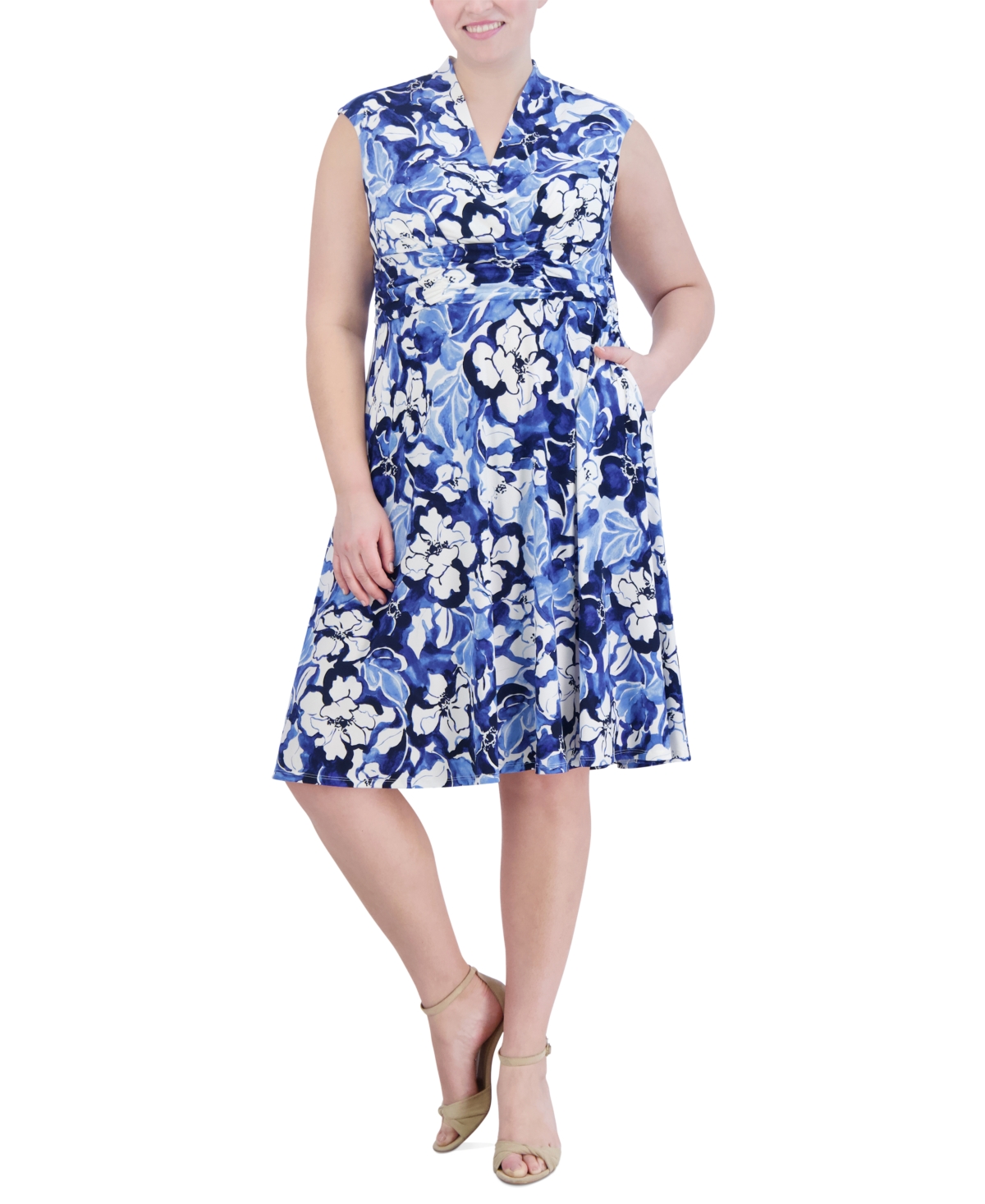 Plus Size Floral-Print Ruched-Waist Dress - Ivory/Blue