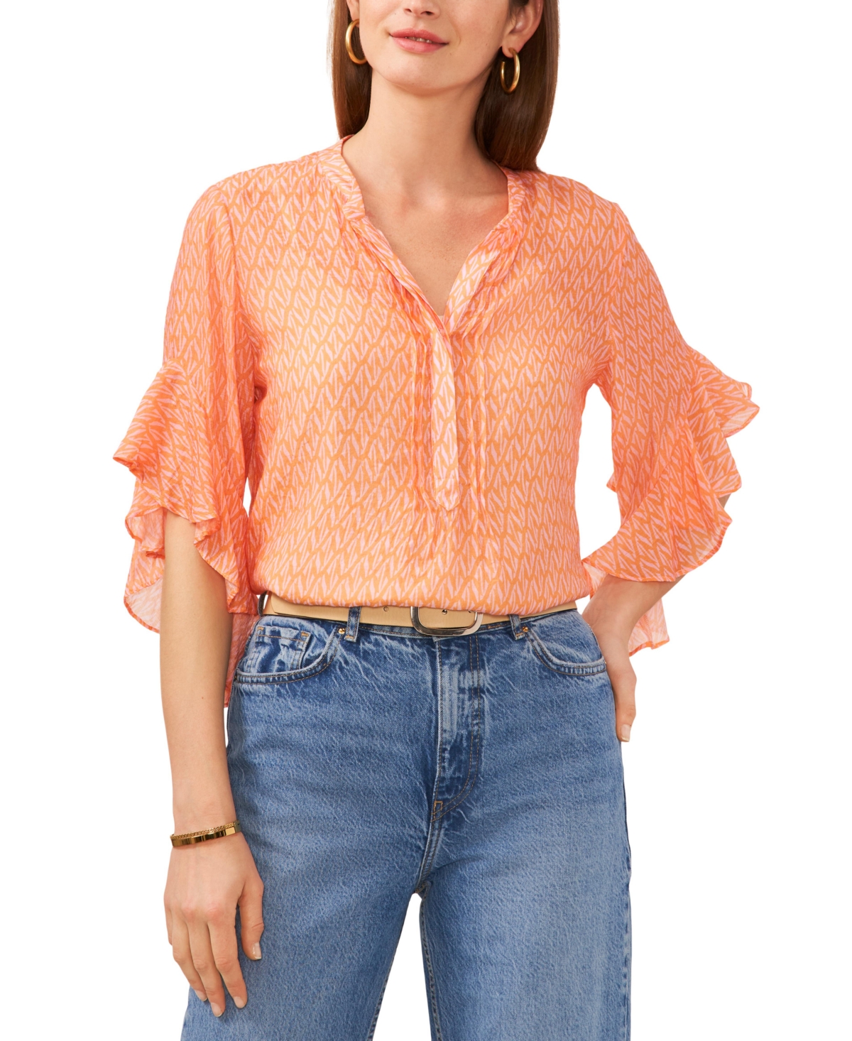 Shop Vince Camuto Women's Printed Pintuck Flutter-sleeve Top In Orange Fiz