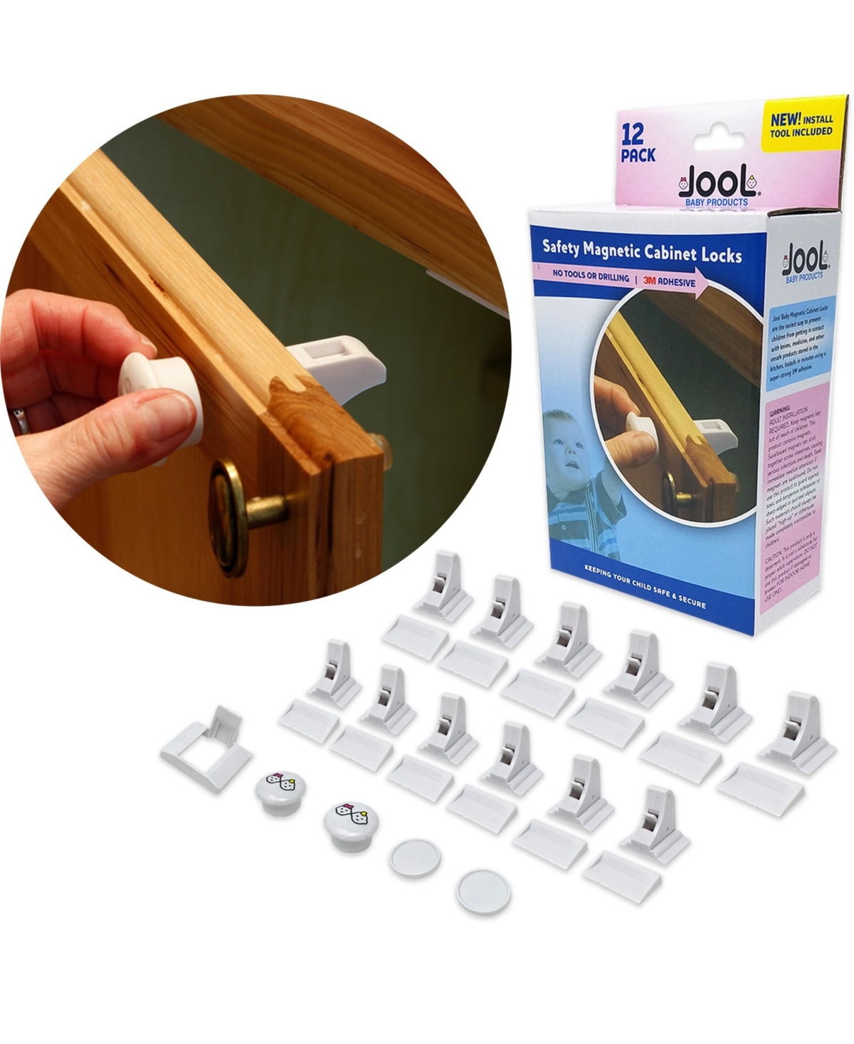 Jool Baby Toddler Magnetic Cabinet Locks, Discreet, Damage-Free Adhesives, Easy Installation Tool - Baby Safety Set -