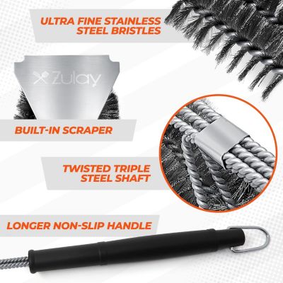 18" Heat Boss Grill Brush and Scraper - 3 Rows of Reinforced Stainless Steel Bristles for All Grill Types