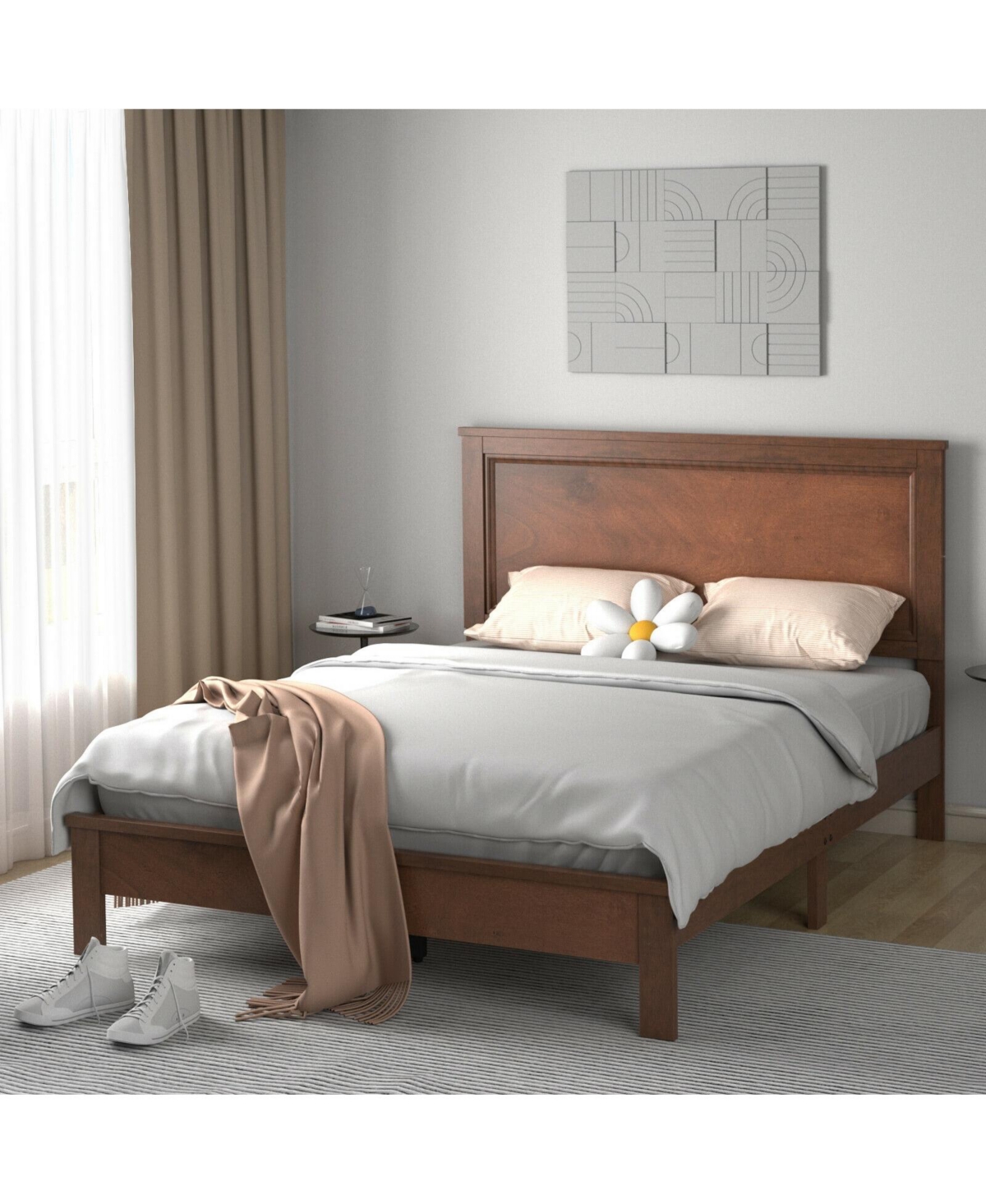 Bed Frame Platform Slat High Headboard Bedroom with Rubber Wood Leg