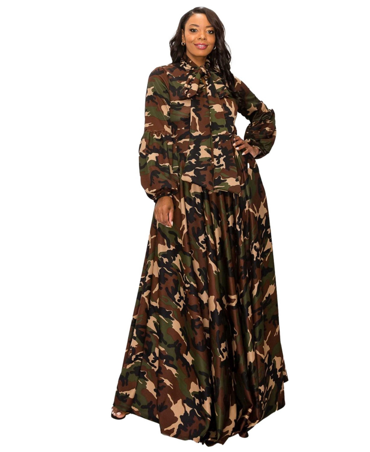 Plus Size Camo Bella Donna Dress with Ribbon and Puffed Out Sleeves - Camo
