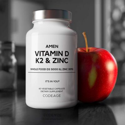 Vitamin D, K2 & Zinc, Cholecalciferol D3 5000 IU, Organic Whole Food Blend with Apple, Blueberry, Cranberry, Elderberry Powder Fruits 60 Capsules