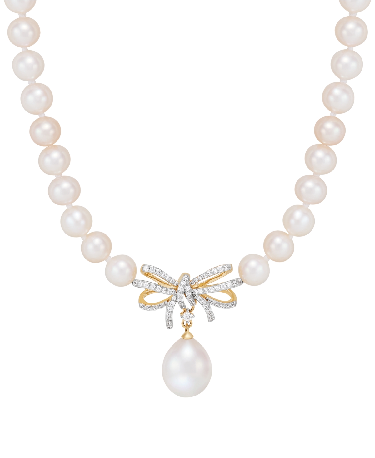 Cultured Freshwater Pearl (5 & 8-1/2mm) & Diamond (1/5 ct. t.w.) Ribbon 17" Collar Necklace in 10k Gold - Yellow Gold