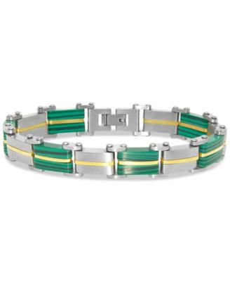 Macy's - Men's Malachite Square Link Bracelet in Stainless Steel & Yellow Ion-Plate