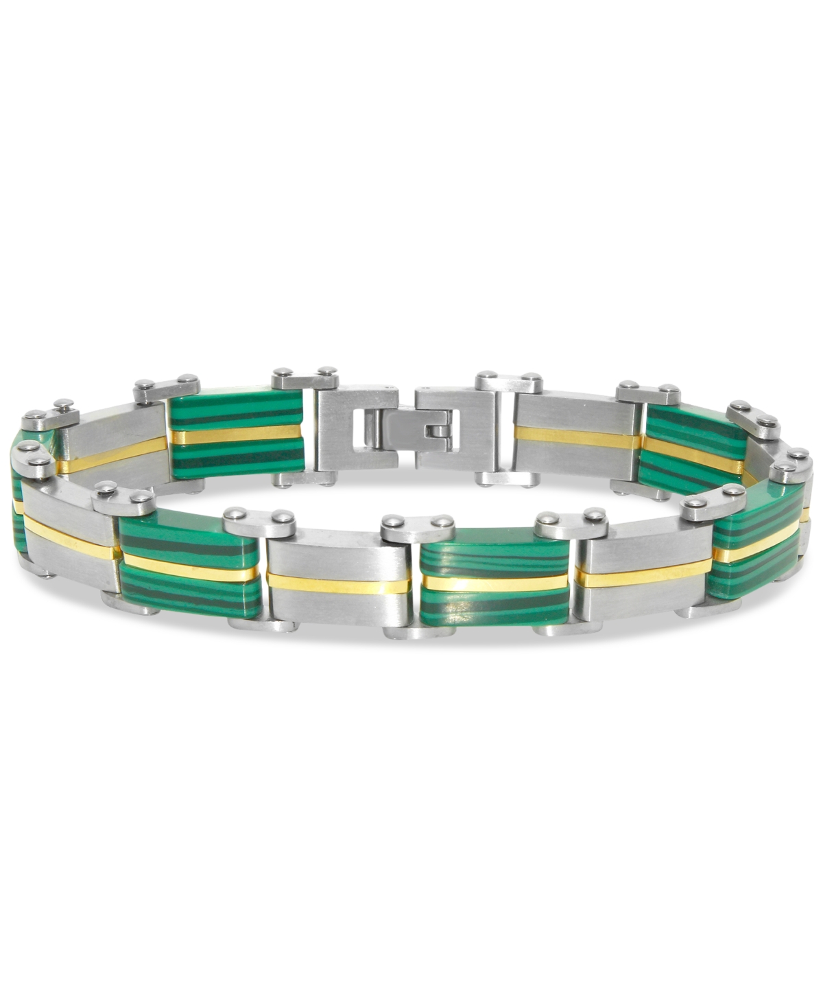 Shop Macy's Men's Malachite Square Link Bracelet In Stainless Steel & Yellow Ion-plate