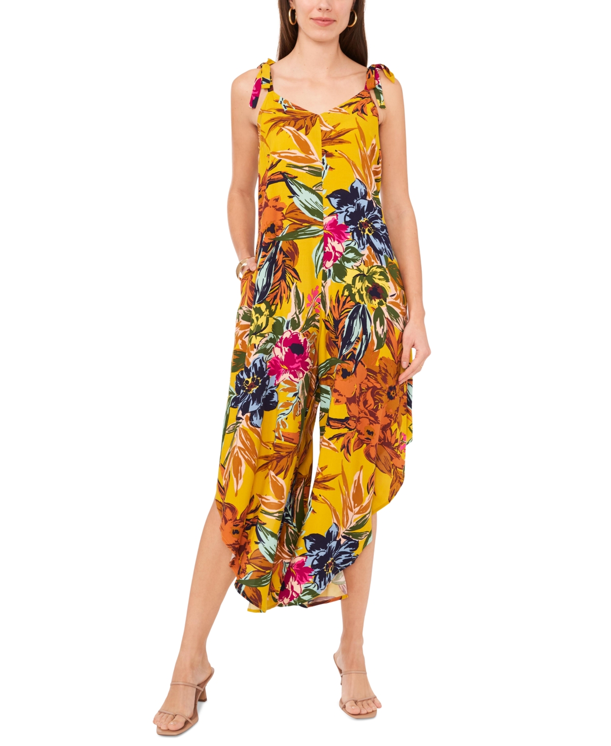 Vince Camuto Women's Floral-print Tie-shoulder Asymmetrical-hem Jumpsuit In Rust Floral
