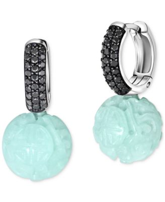 Macy's - Dyed Jade & Black Spinel (1 ct. t.w.) Carved Ball Dangle Hoop Earrings in Sterling Silver