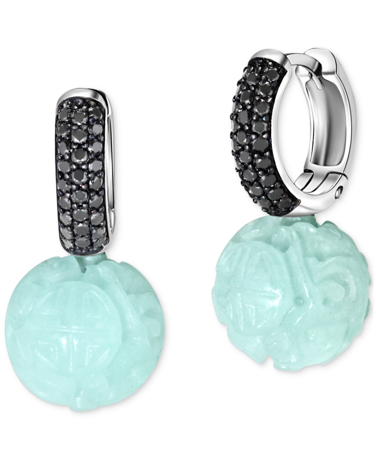 Shop Macy's Dyed Jade & Black Spinel (1 Ct. T.w.) Carved Ball Dangle Hoop Earrings In Sterling Silver
