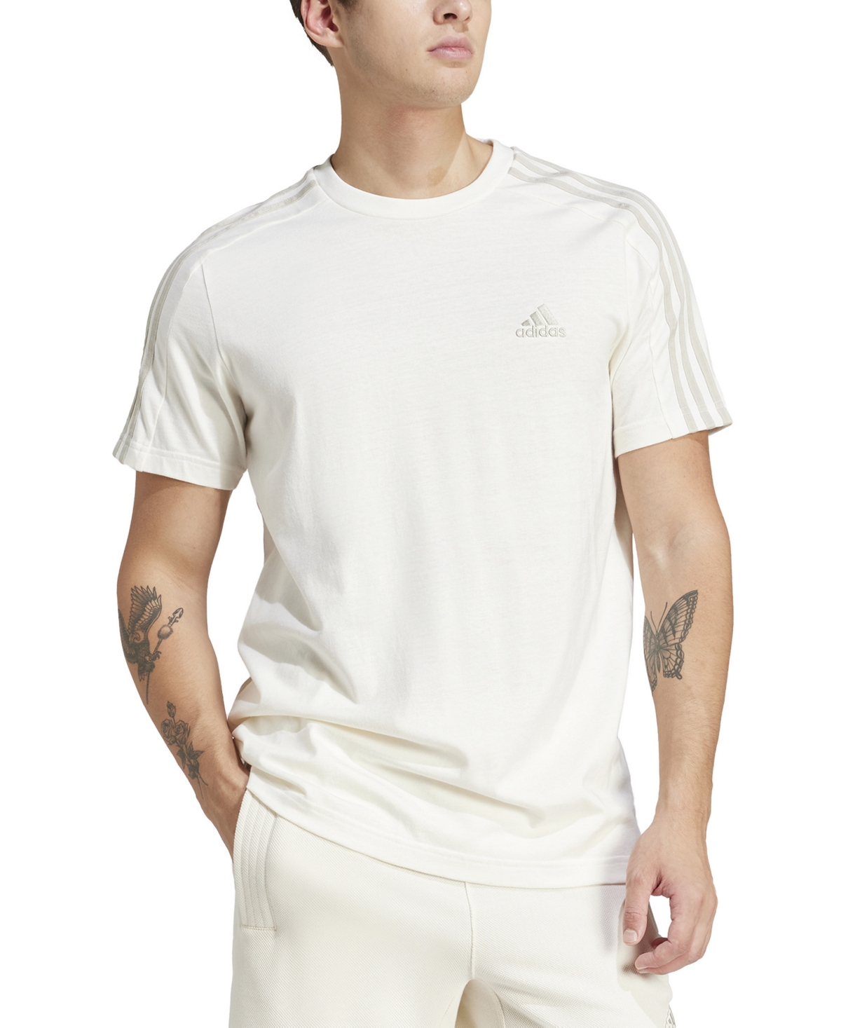 Shop Adidas Originals Men's Essentials 3-stripes Regular-fit Logo Graphic T-shirt In Off White,grey
