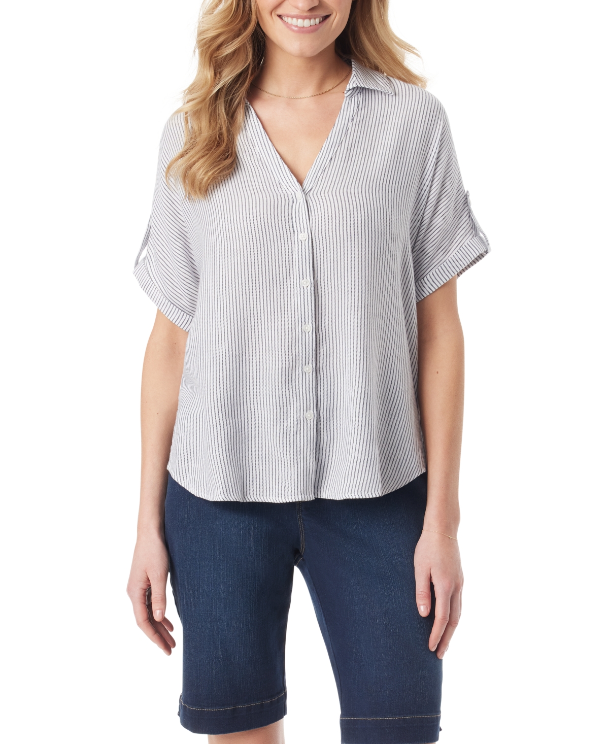 Shop Gloria Vanderbilt Women's Demi Short-sleeve Button Front Shirt In Marine Navy Stripe