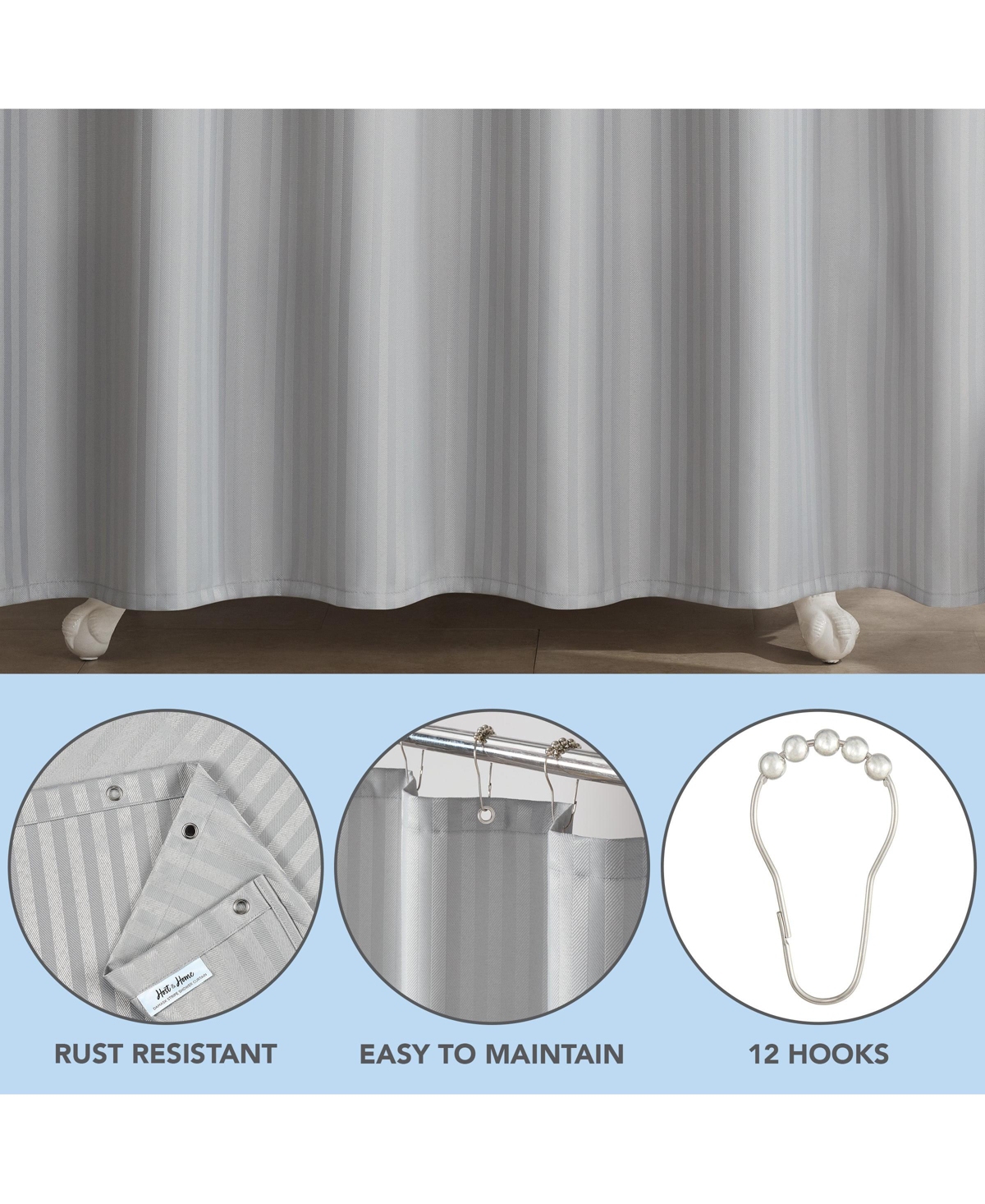 Host & Home Damask Shower Curtain Set with 12 Metal Rolling Rings, Weighted Hem, Rust-Proof Grommets, Fine 100% Polyester Yarn, 72x72, Three Proof Tre