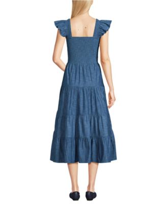 Women's Chambray Smocked Dress with Ruffle Straps